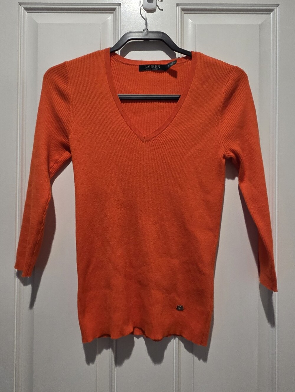 Lauren Ralph Lauren V-Neck Rib Knit Orange Top Women's Small